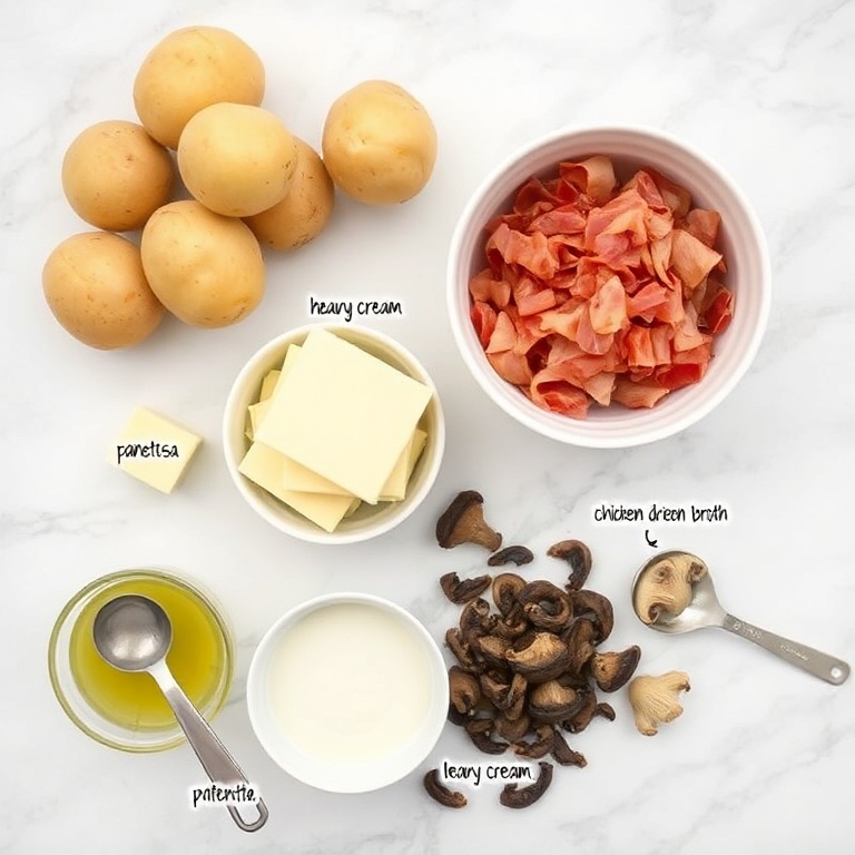 Raw ingredients for Pancetta and Porcini Potato Gratin