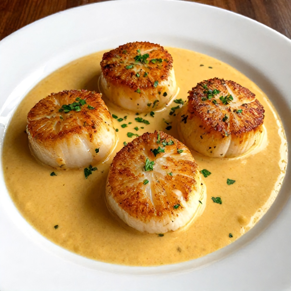 Plated Cajun scallops in creamy mustard sauce