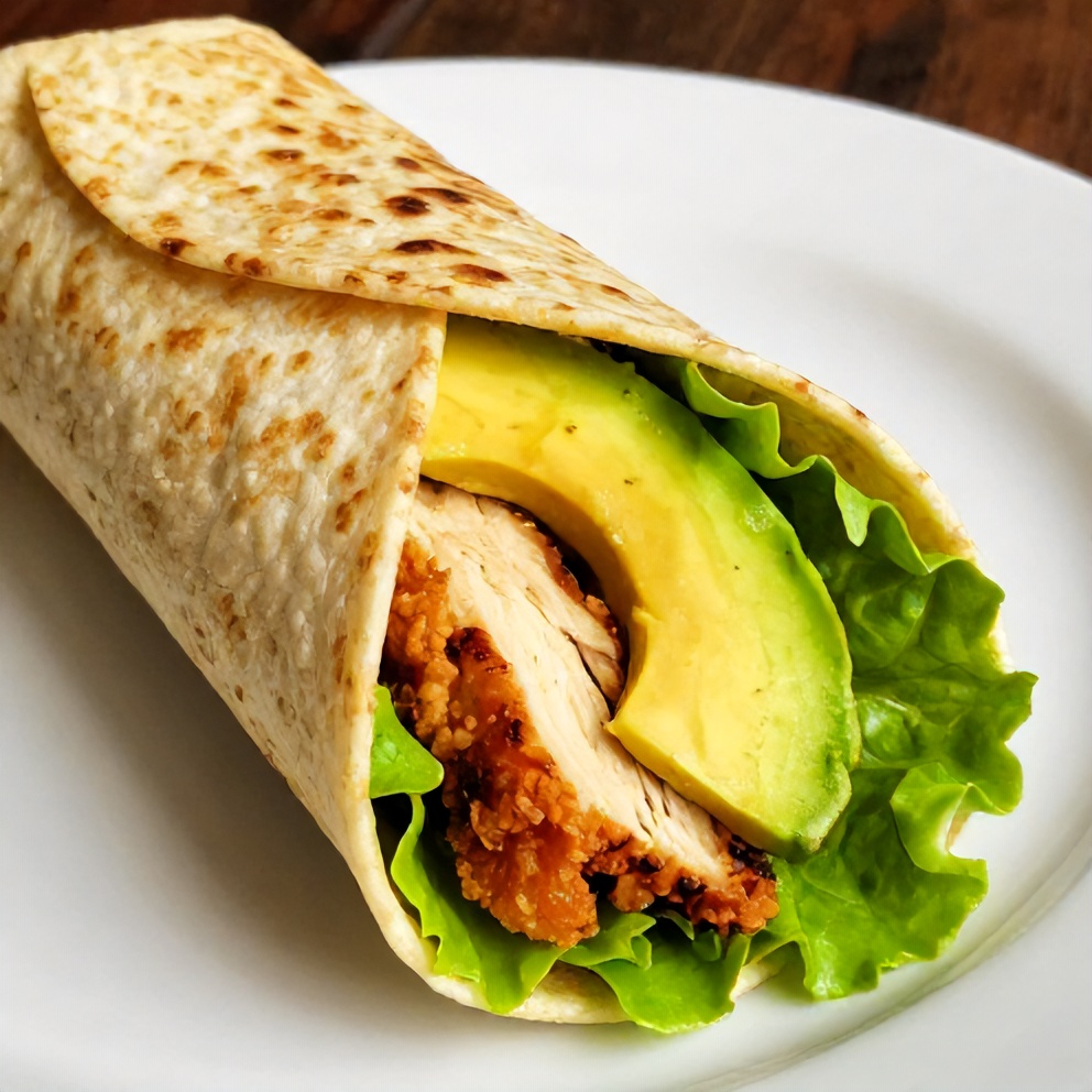 Chicken avocado wrap on a white plate