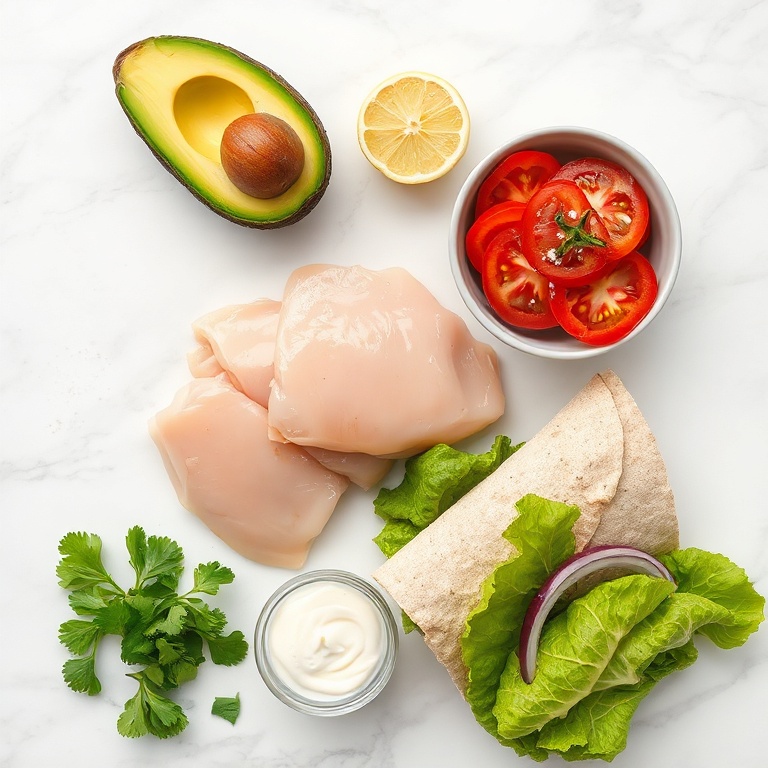 Raw ingredients for chicken avocado wrap on a marble surface