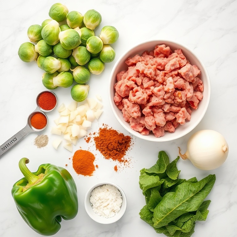 Raw Ingredients for Spicy Pork Brussels Sprouts Bowl