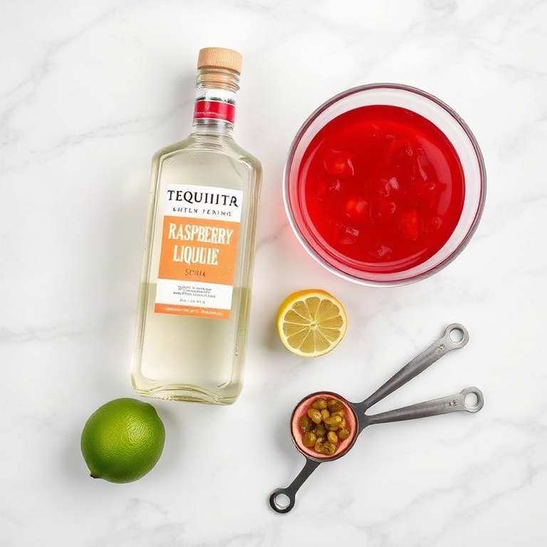 Raspberry, passionfruit, tequila, and other ingredients for the cocktail