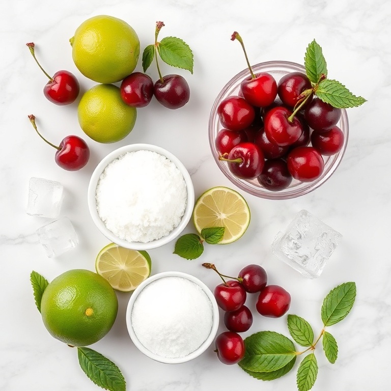 Ingredients for cherry limeade including cherries, limes, sugar, and ice