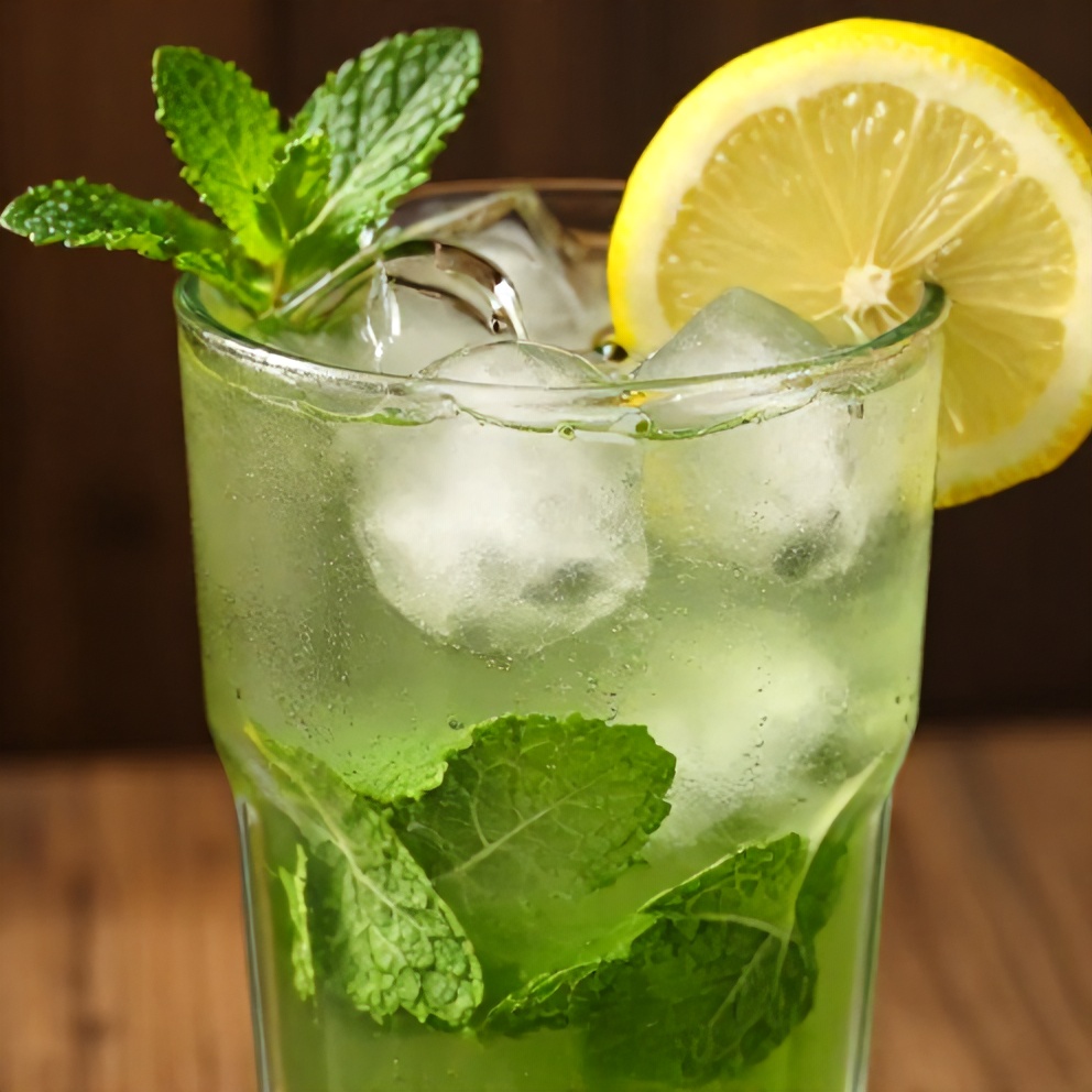 Glass of Refreshing Mint and Lemon Verbena Iced Tea with Lemon Wheel
