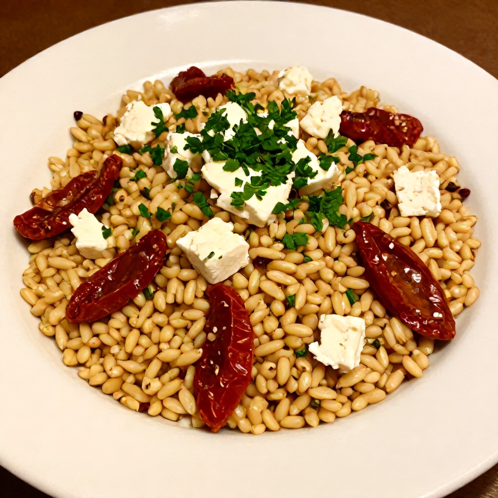 Plated Orzo Salad with Sun-Dried Tomatoes and Feta