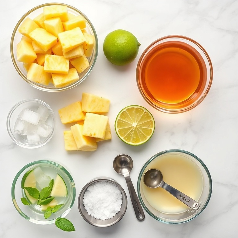 Raw ingredients for Pineapple Margarita Mocktail arranged in a flat lay
