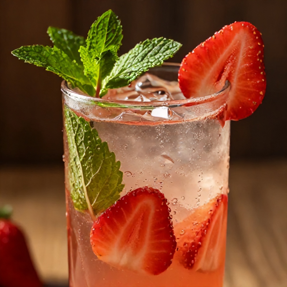 Garnished glass of refreshing strawberry mint lemonade