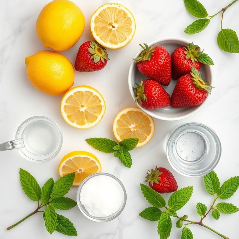 Strawberries, lemons, mint leaves, sugar, and water on a wooden surface