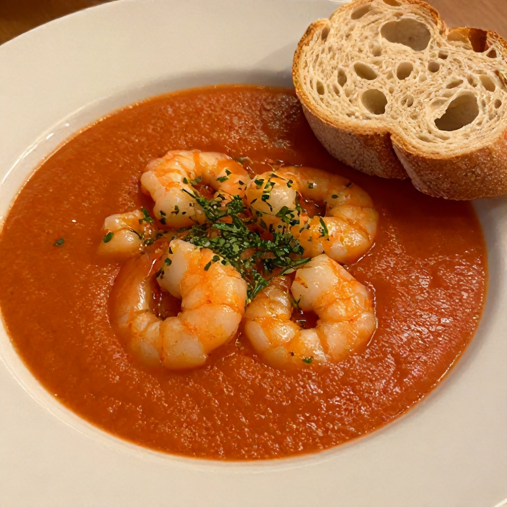 Close-up of a bowl of gazpacho with shrimp, served with a side of crusty bread