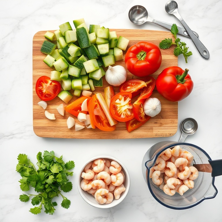 Assorted fresh vegetables and shrimp arranged on a wooden cutting board