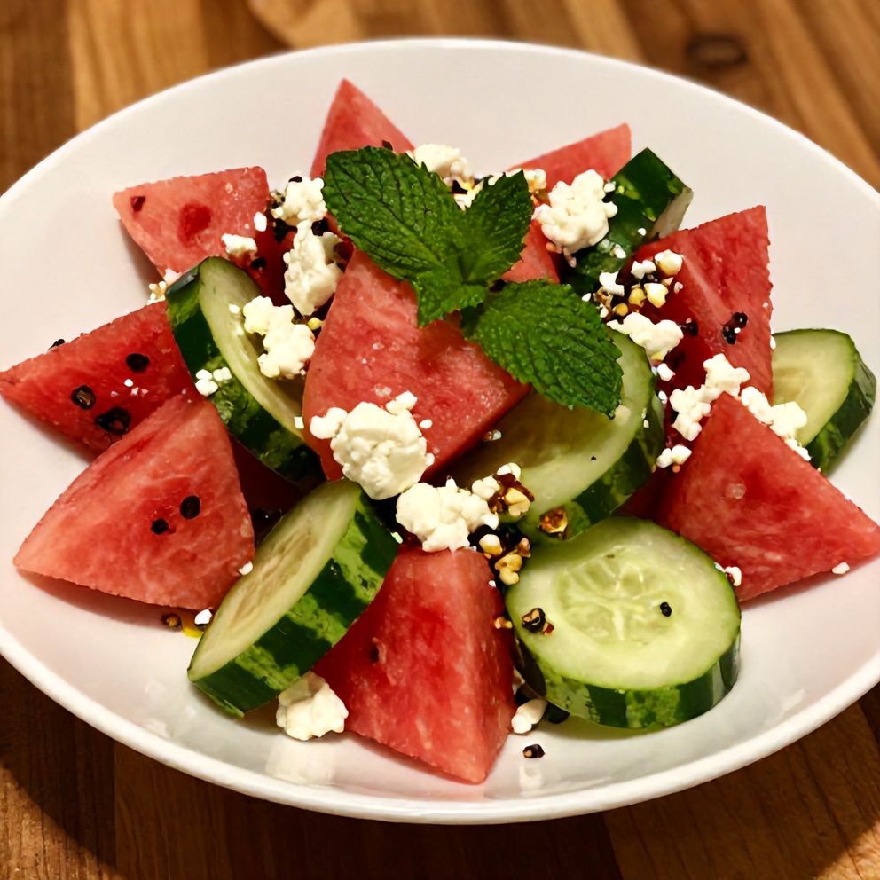 Plated watermelon cucumber salad with feta and mint