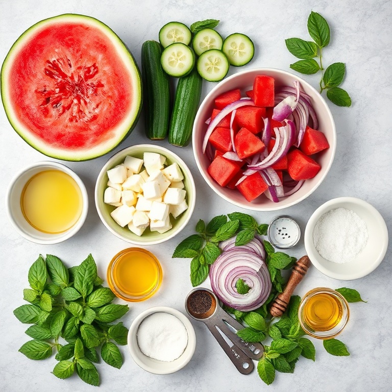 Raw ingredients for watermelon cucumber salad