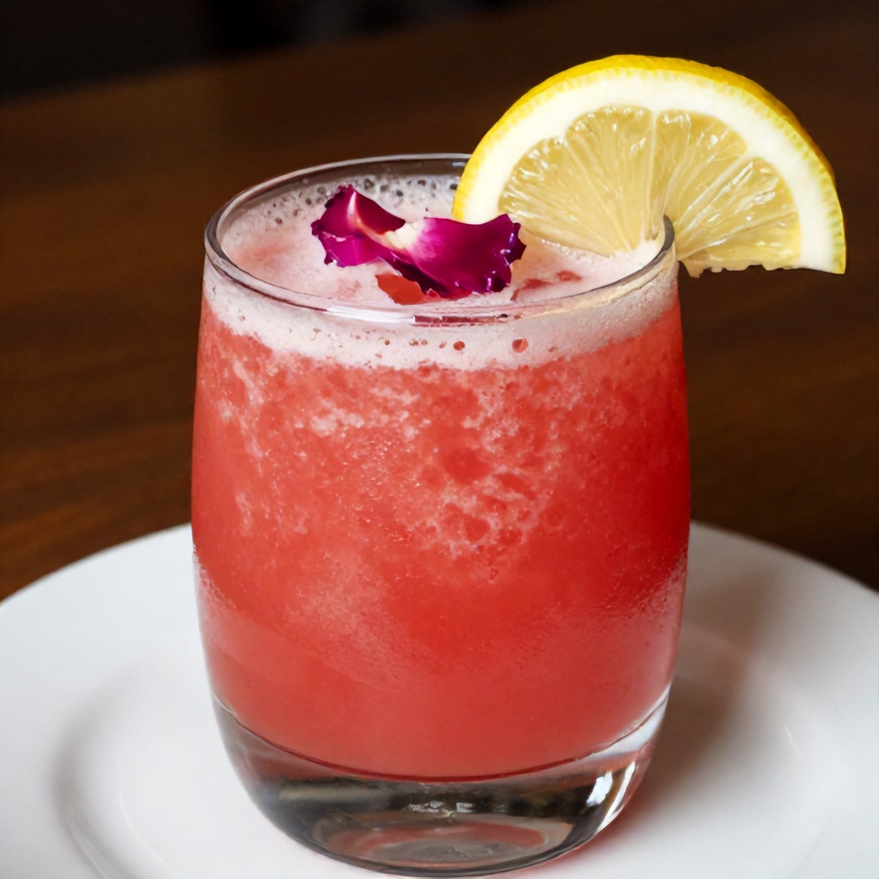 Watermelon rose cooler in a glass with a lemon slice and a rose petal garnish