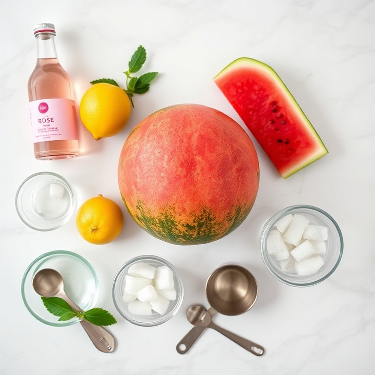Watermelon, lemon, rose water, ice cubes, and a cocktail shaker on a wooden surface