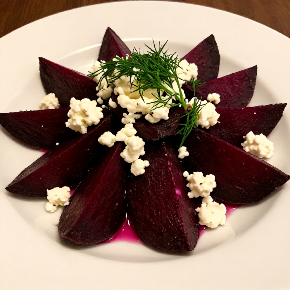 Plated roasted beet salad with feta and fresh dill