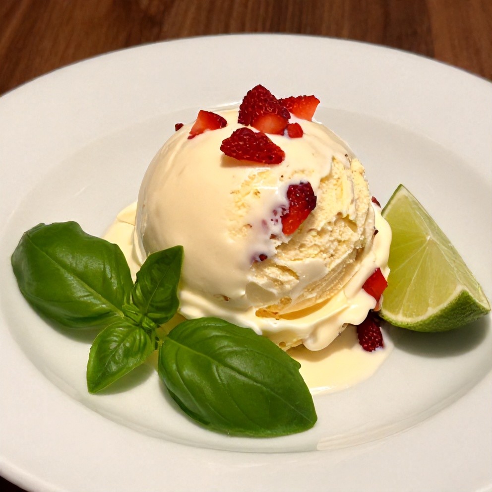 Plated Lime Twist Roasted Strawberry Basil Ice Cream