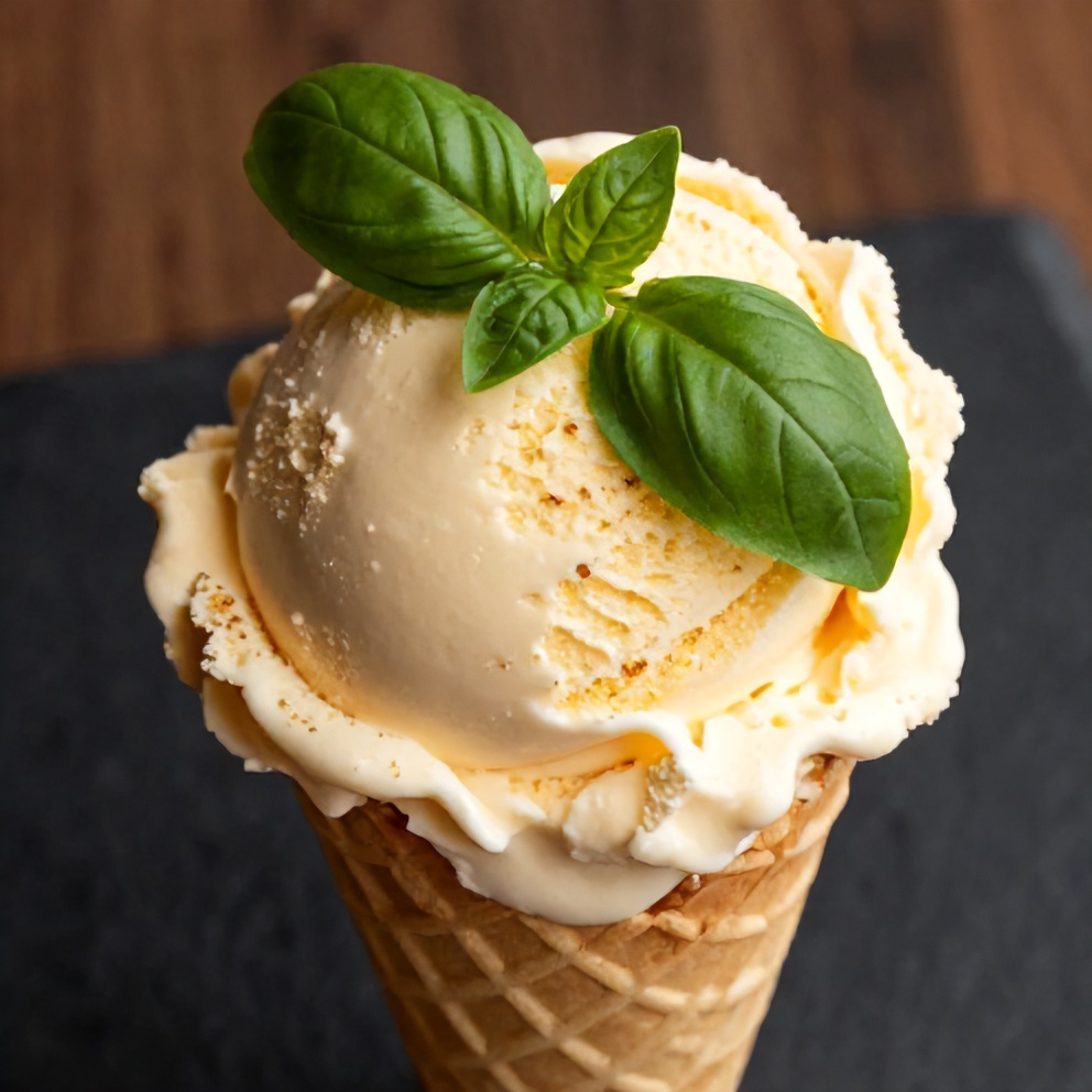 Scoop of Roasted Strawberry Lime Basil Ice Cream on a cone with a basil leaf garnish