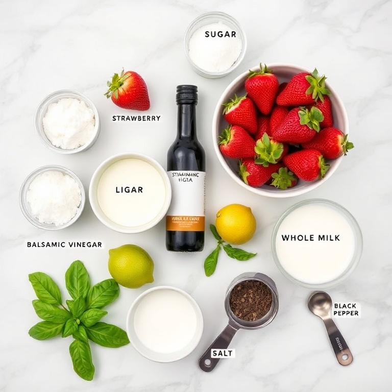 Raw ingredients for Roasted Strawberry Lime Basil Ice Cream on a marble surface