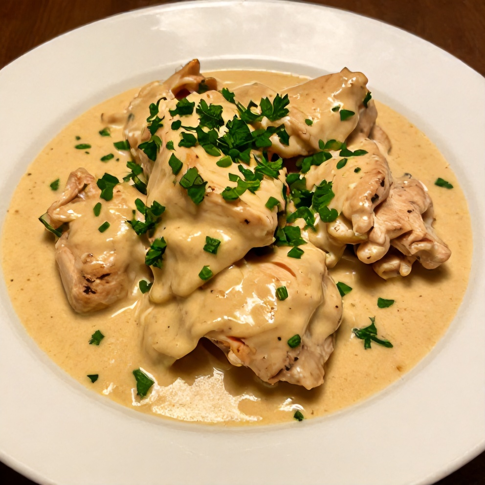 Plated serving of slow cooker Cajun butter chicken