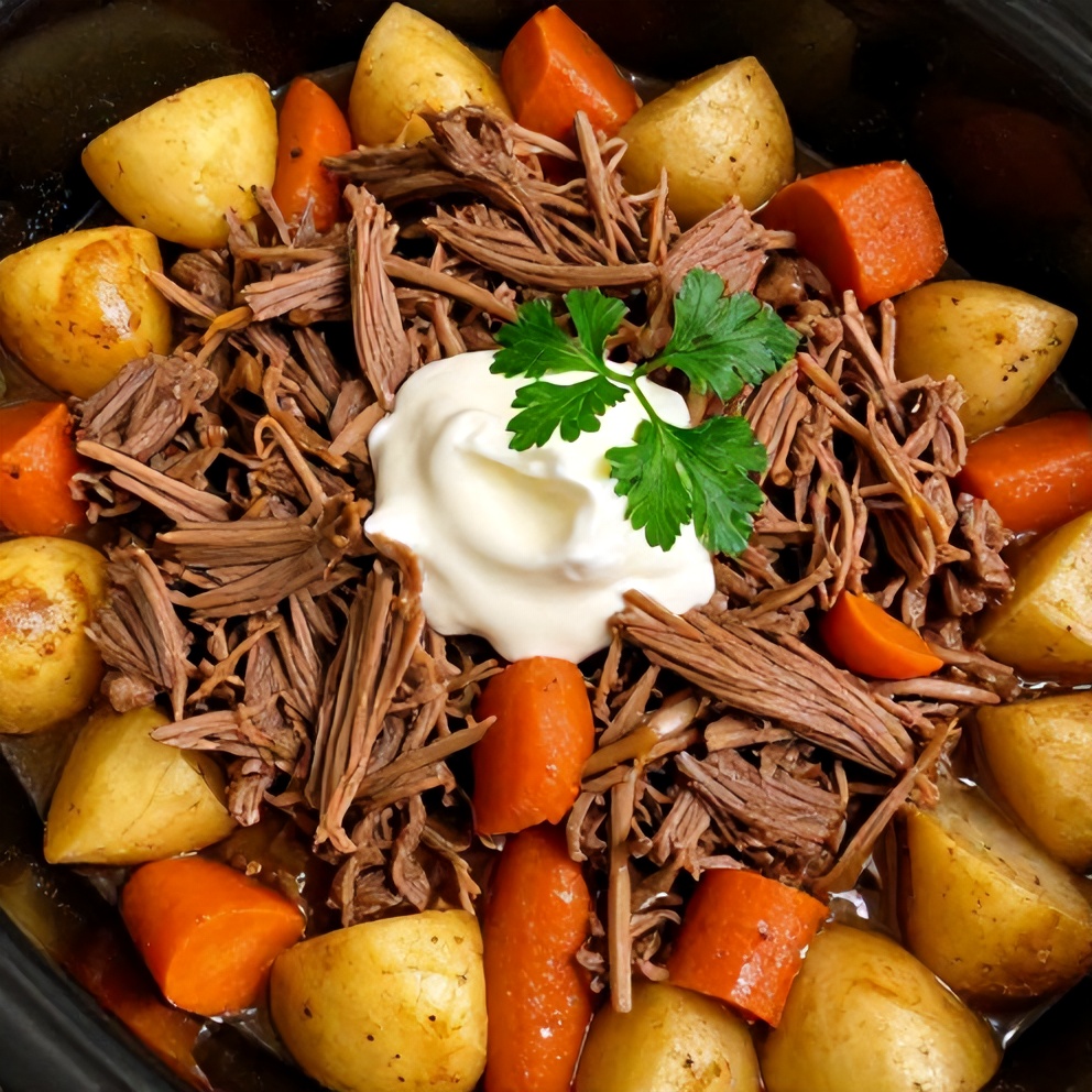 Plated Slow Cooker Chuck Roast with Potatoes and Carrots