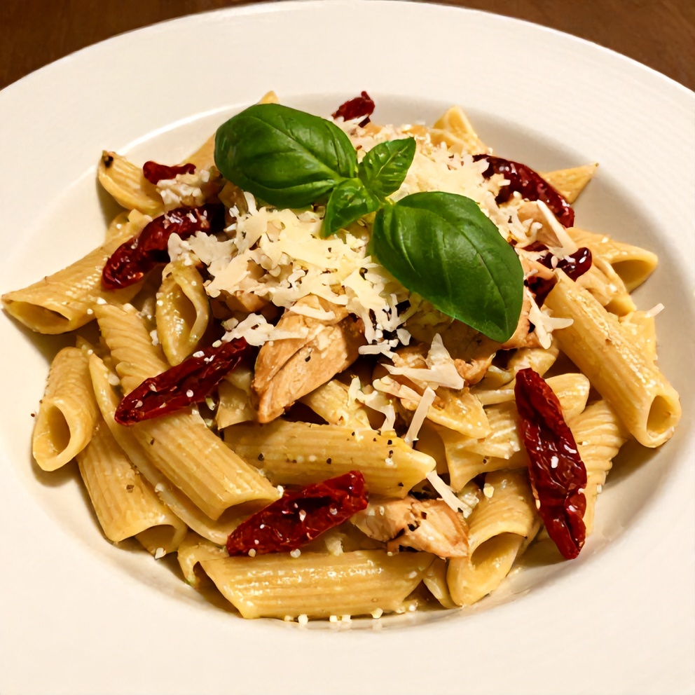 Plated Slow Cooker Chicken Pasta with Sun-Dried Tomatoes
