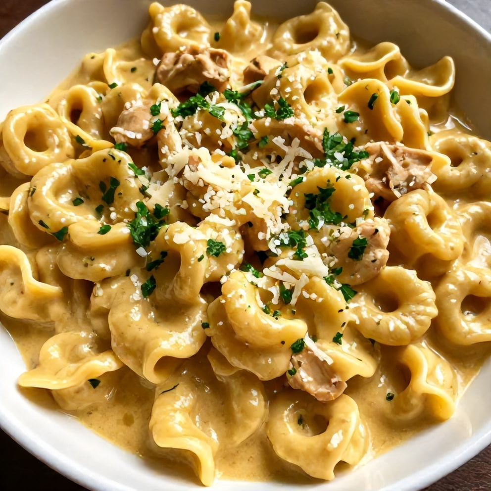 Plated Slow Cooker Creamy Chicken Tortellini