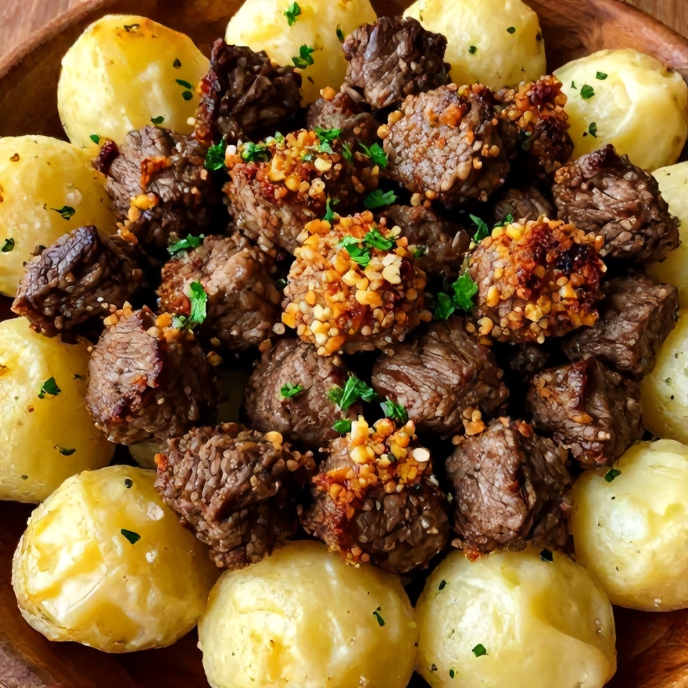 Plated Garlic Butter Beef Bites with Potatoes