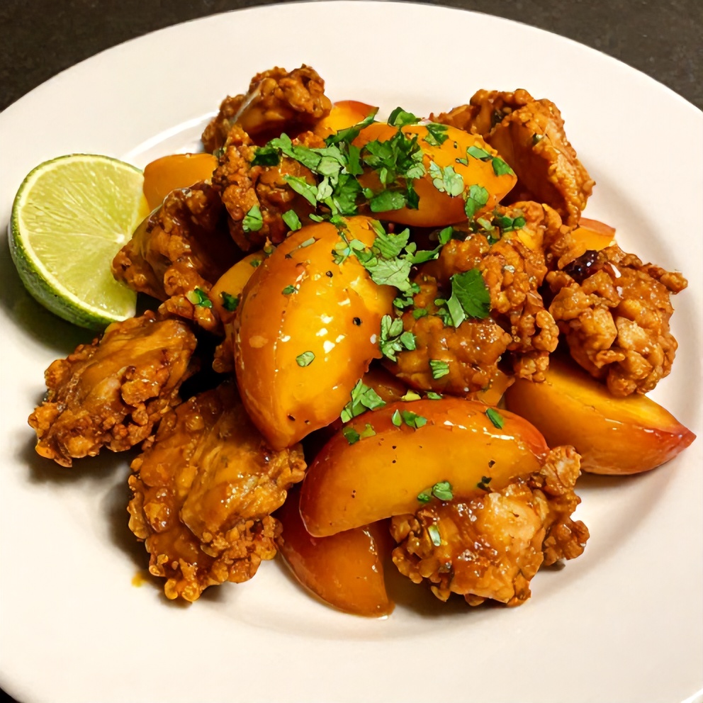 Plated Spicy Jalapeño Peach Chicken with garnish