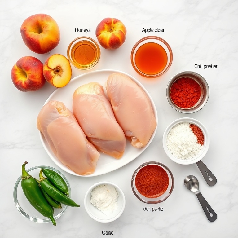 Ingredients for Spicy Jalapeño Peach Chicken laid out
