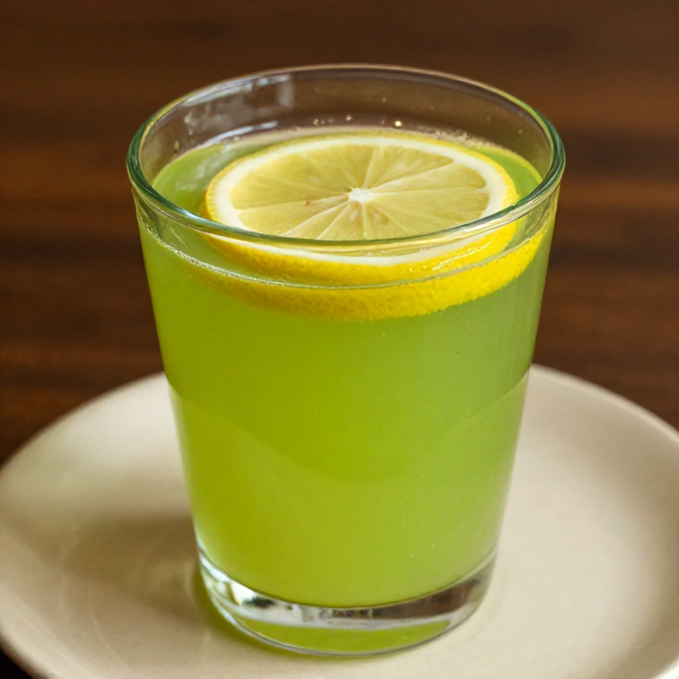 Glass of green celery apple juice with a slice of lemon