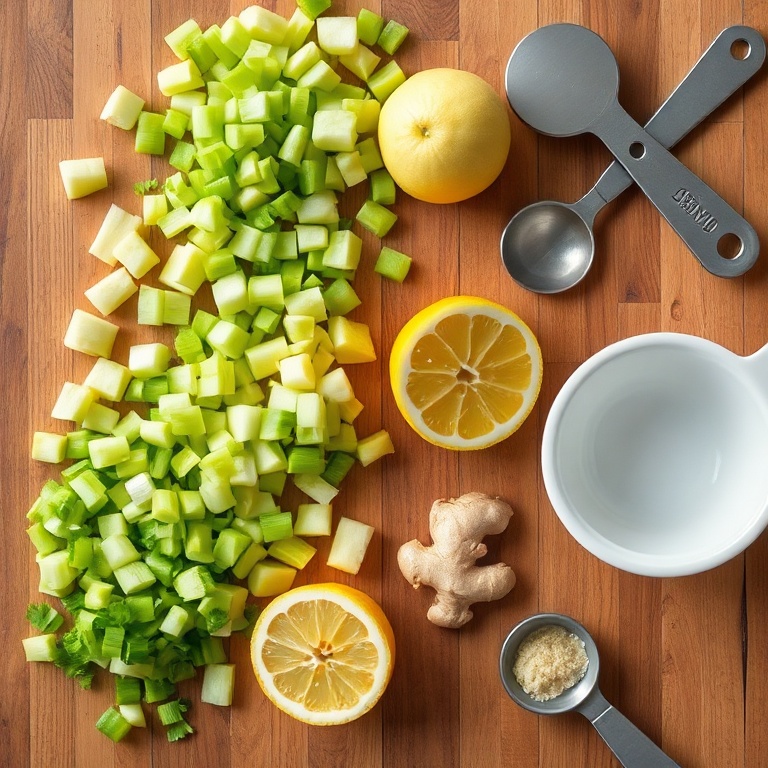 Celery, apples, lemon, ginger, and a juicer on a wooden surface