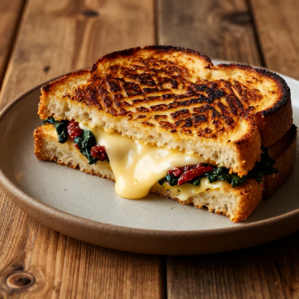 Sun-Dried Tomato Spinach Grilled Cheese on a rustic wooden table
