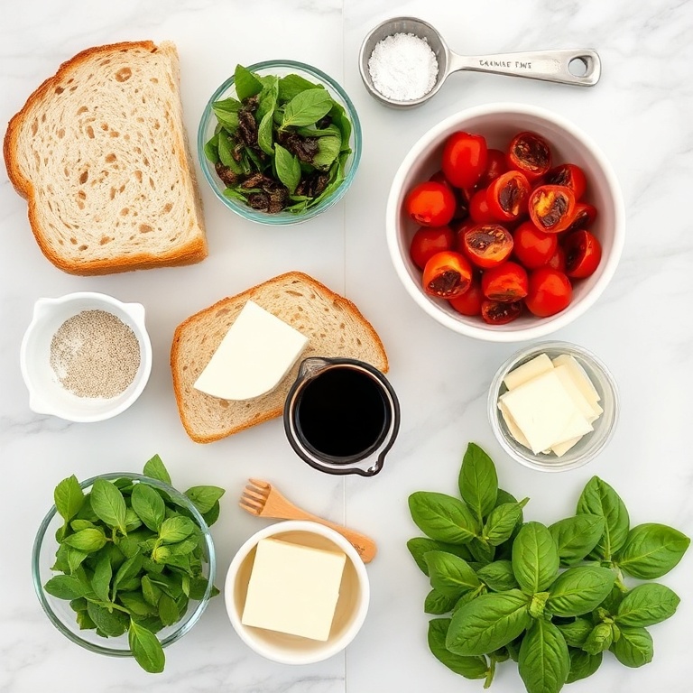 Raw ingredients for Sun-Dried Tomato Spinach Grilled Cheese on a white marble countertop