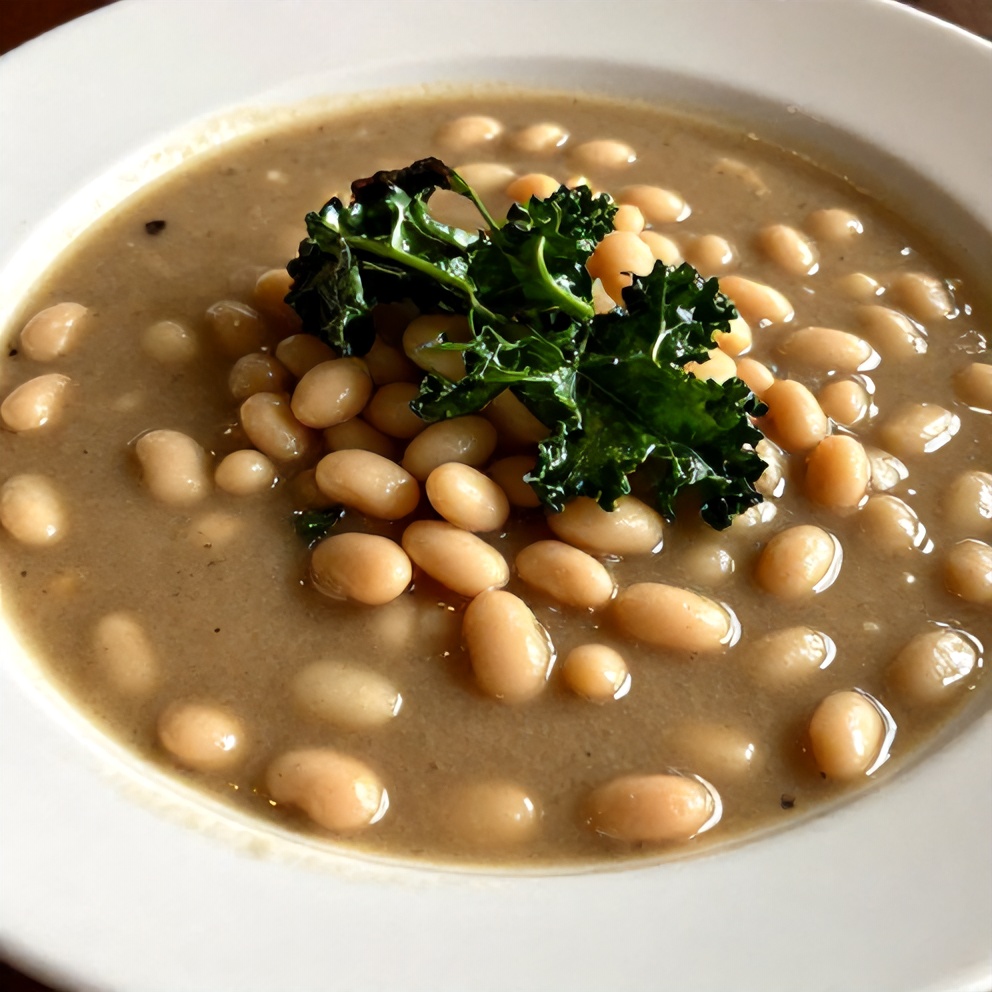 A bowl of white bean and kale soup garnished with crispy kale leaves