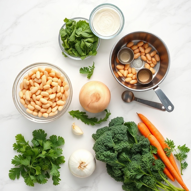 Ingredients for white bean and kale soup laid out on a wooden surface