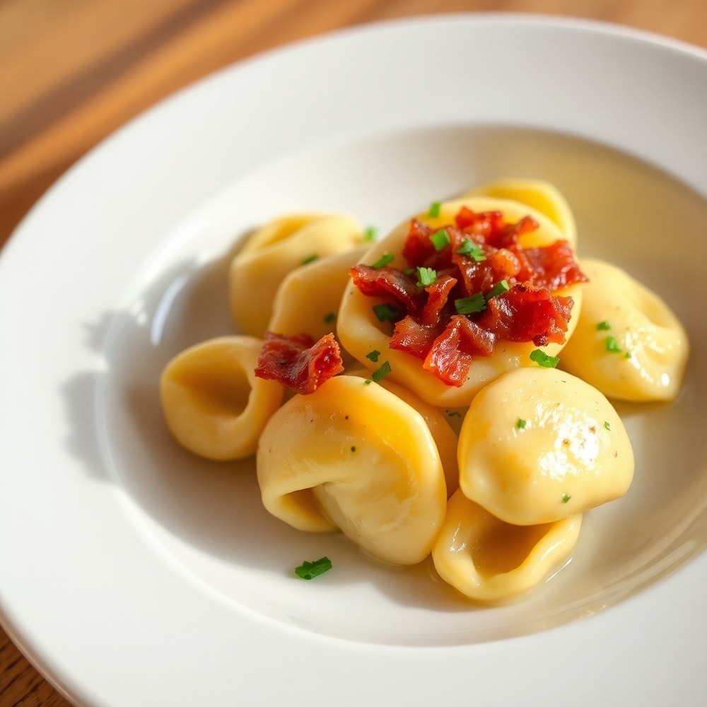 Tortellini carbonara plated with grated parmesan