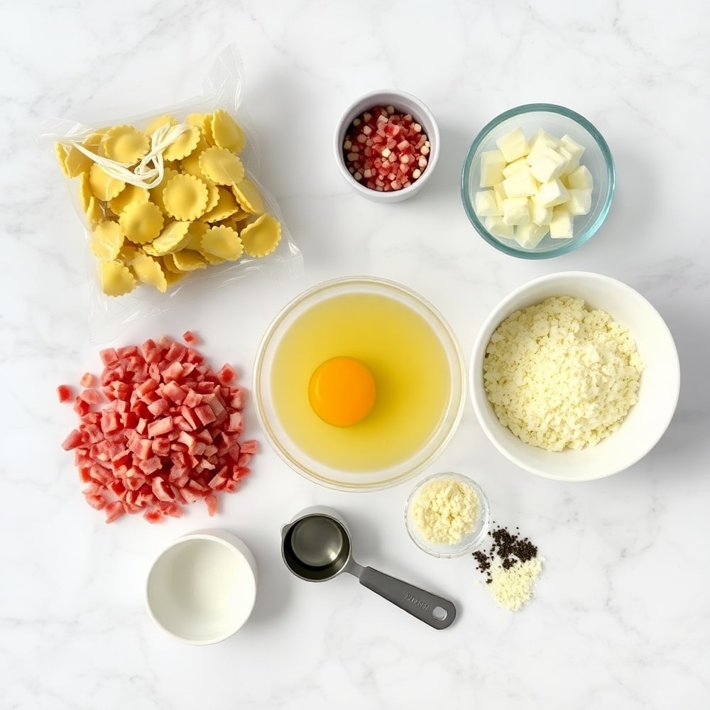 Cheese, eggs, tortellini, pancetta, garlic, and parsley on a marble surface