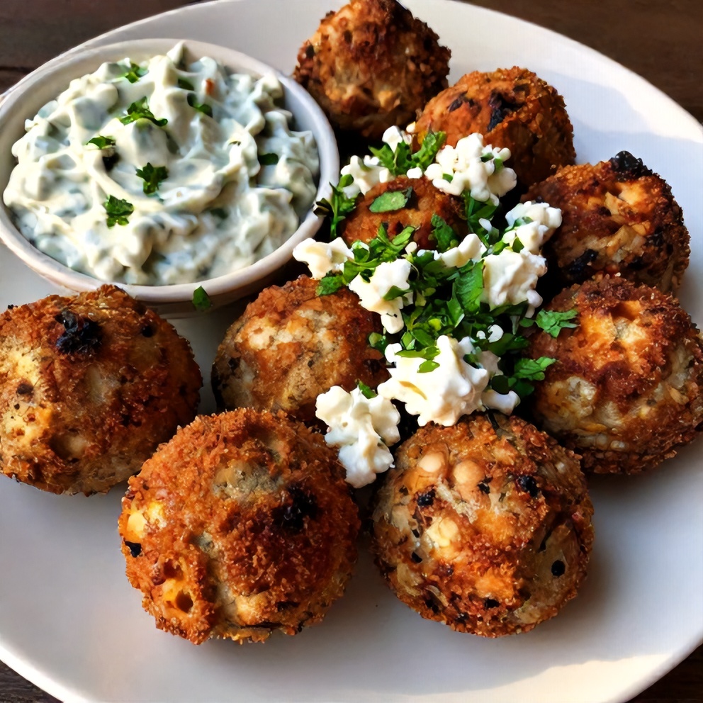 Plated Serving of Air Fried Greek Meatballs