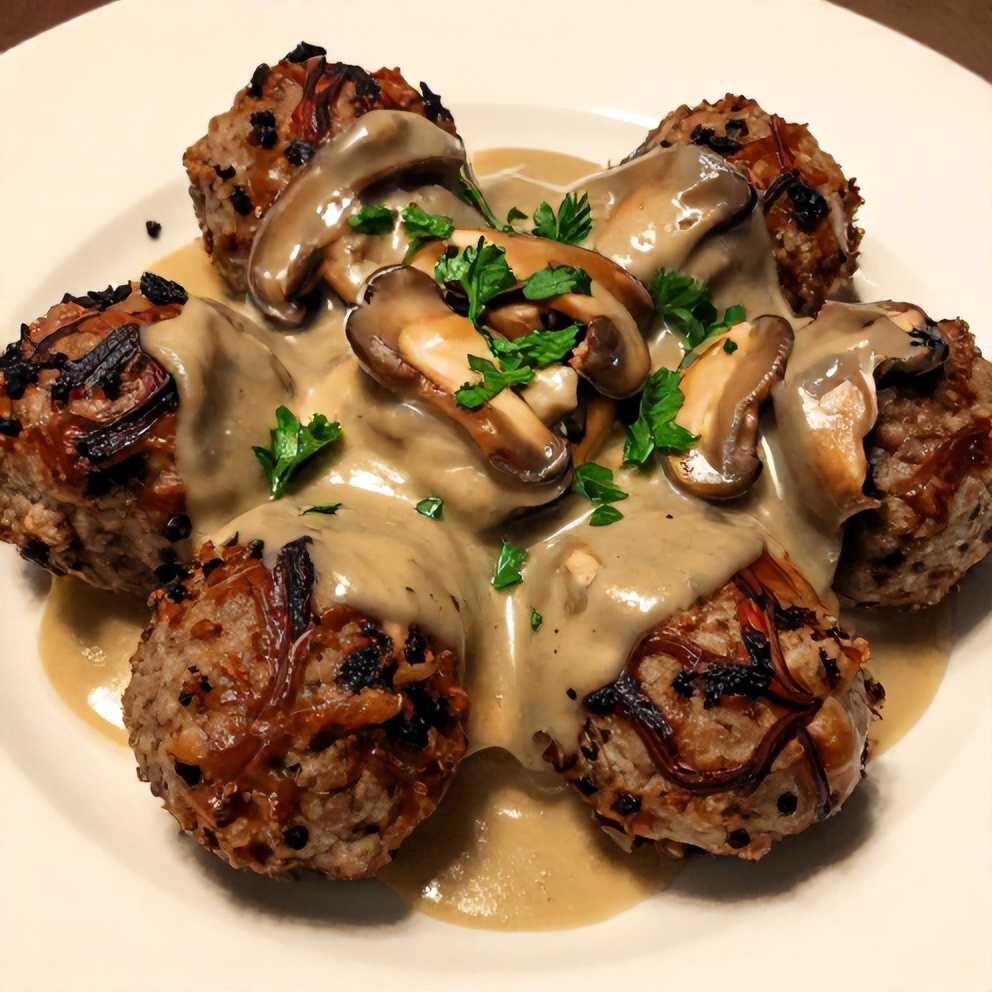 Plated Air Fryer Salisbury Steak Meatballs with Mushroom Gravy