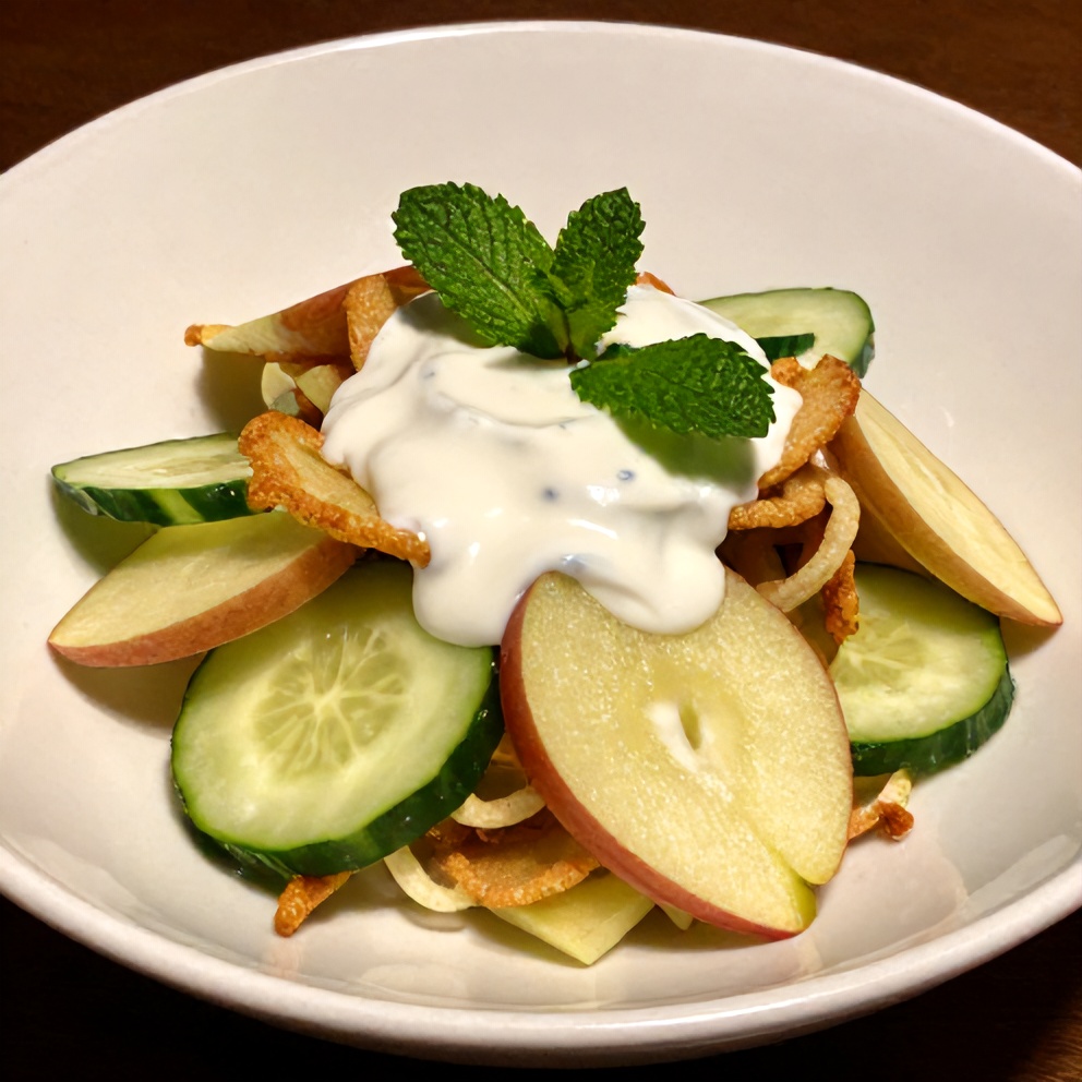 Plated apple cucumber salad with mint yogurt dressing