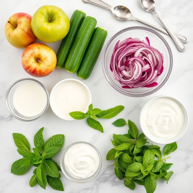 Raw ingredients for apple cucumber salad with mint yogurt dressing