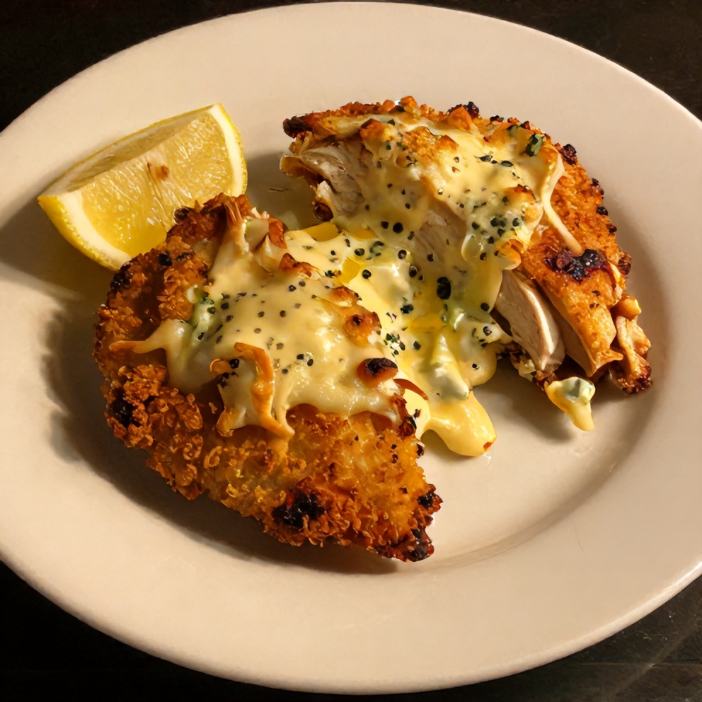 Plated Baked Caesar Chicken with lemon wedge
