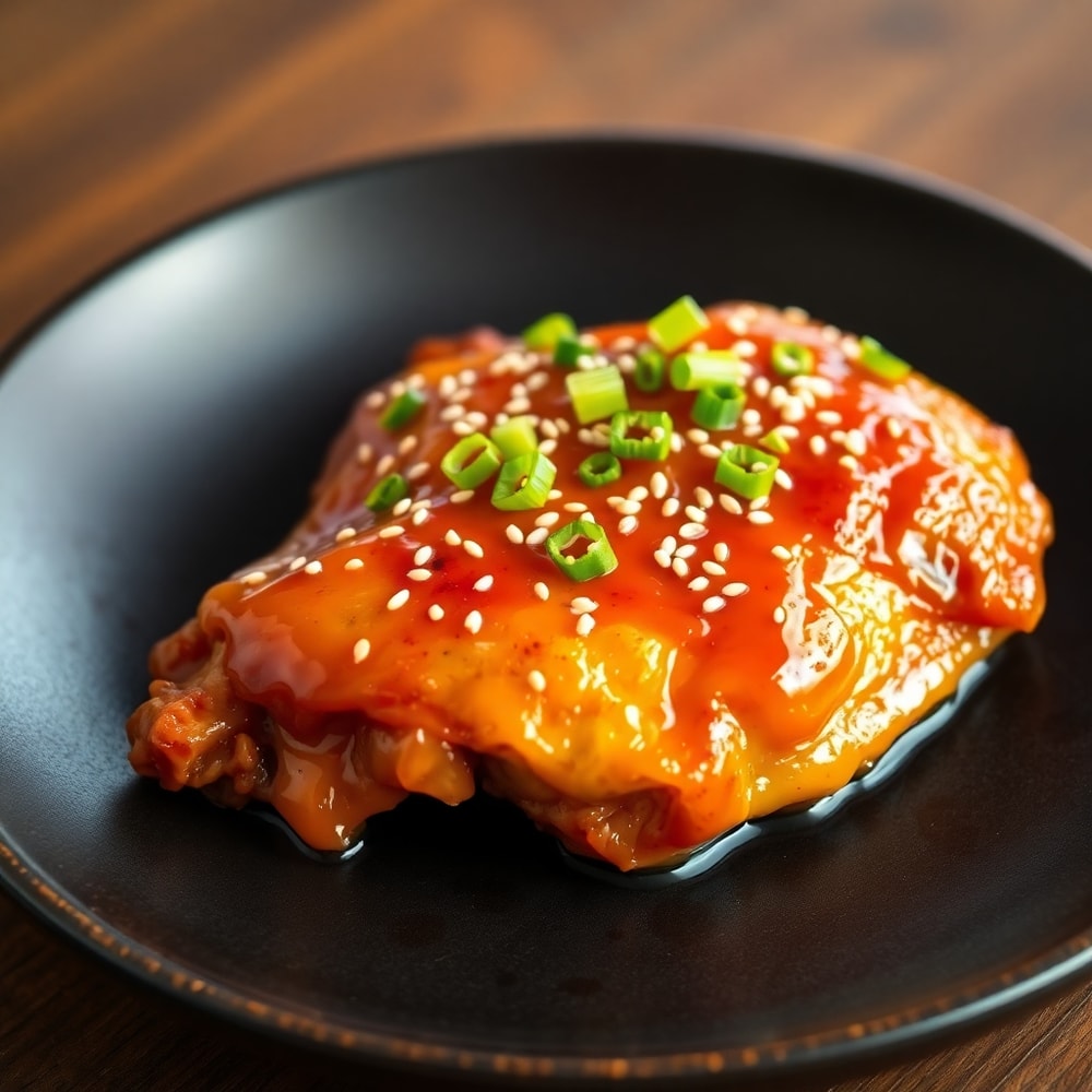 Plated baked hot honey chicken with green onions