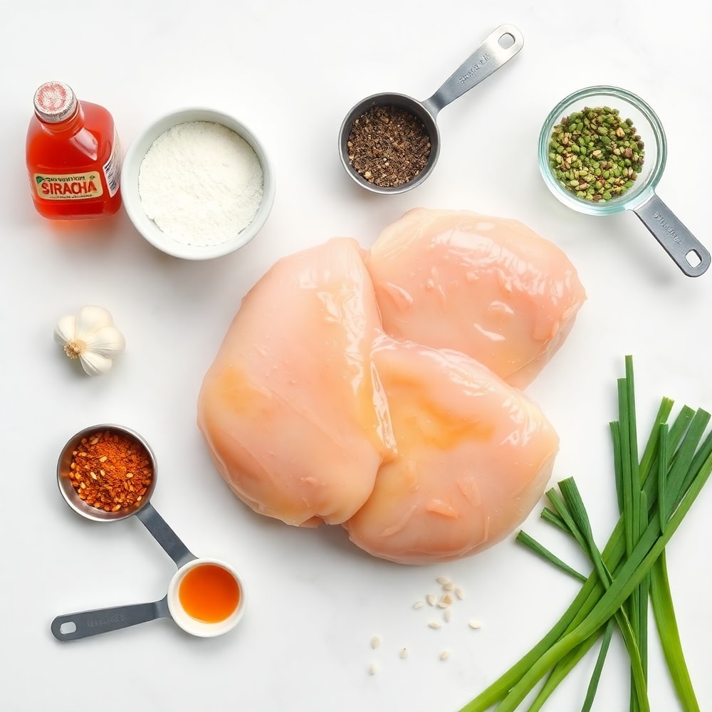 Raw ingredients for baked hot honey chicken on a white marble surface