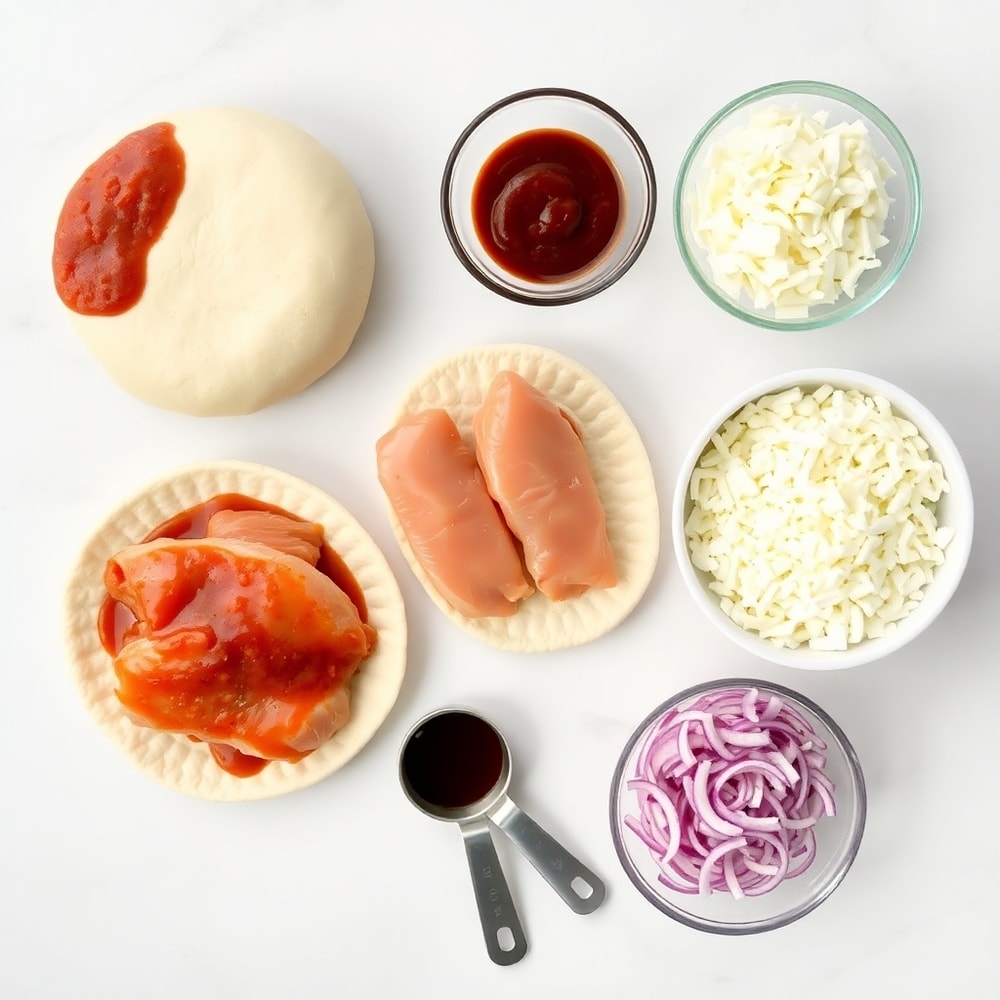 BBQ Chicken Flatbread ingredients on a marble counter