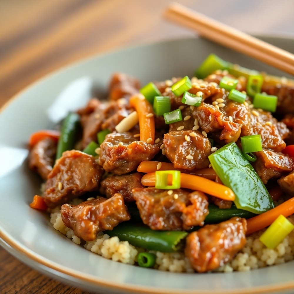 Plated beef stir fry with vegetables