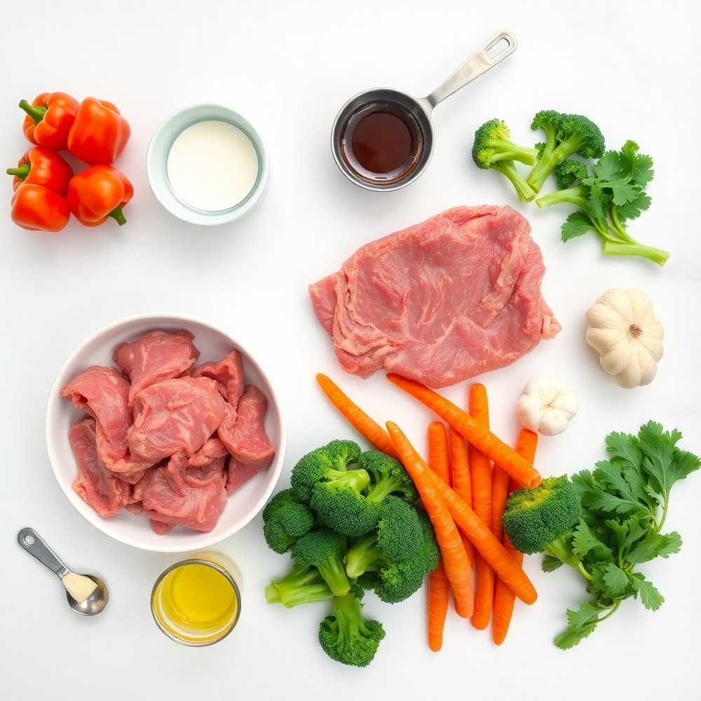 Raw ingredients for beef stir fry with vegetables