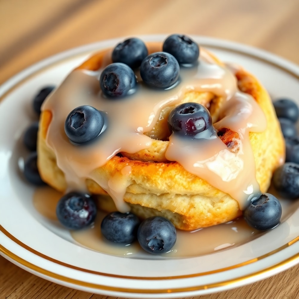 Plated Blueberry Cinnamon Rolls with melted icing and fresh blueberries