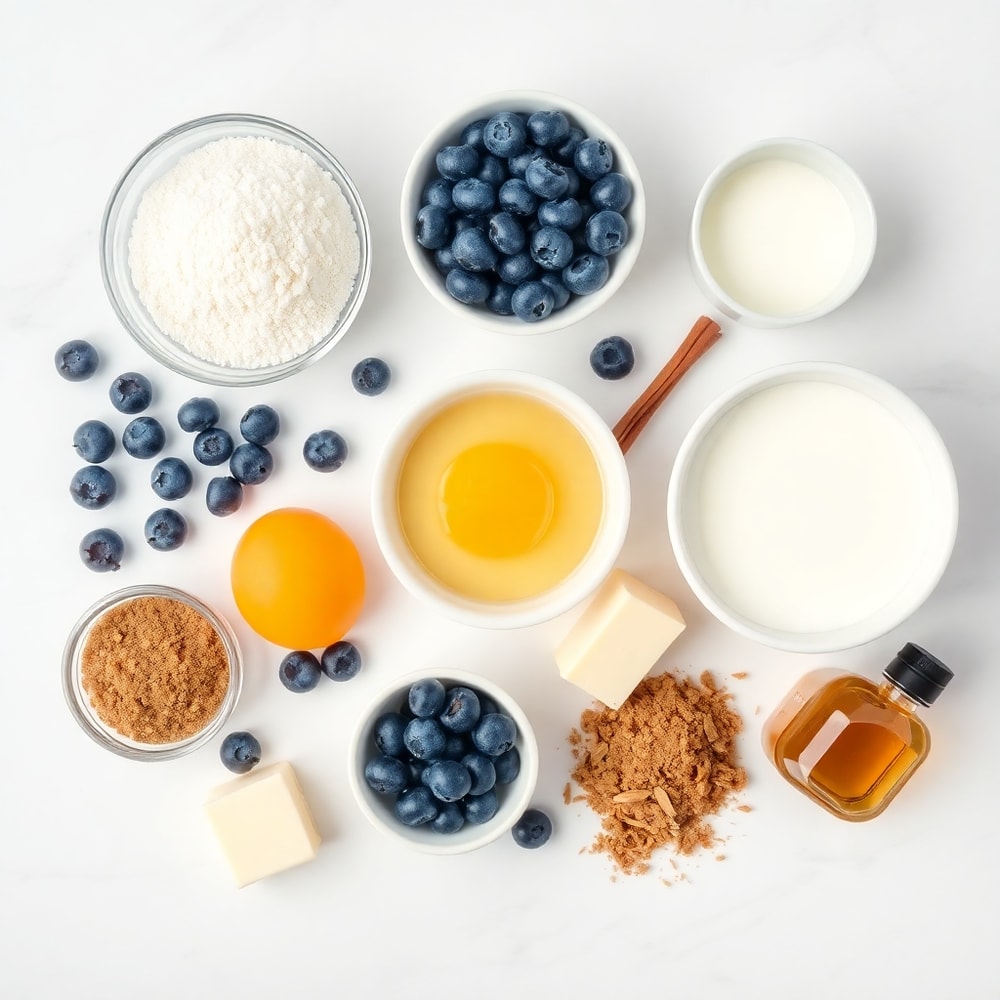 Blueberries, dough, cinnamon, sugar, and butter arranged in a flat lay
