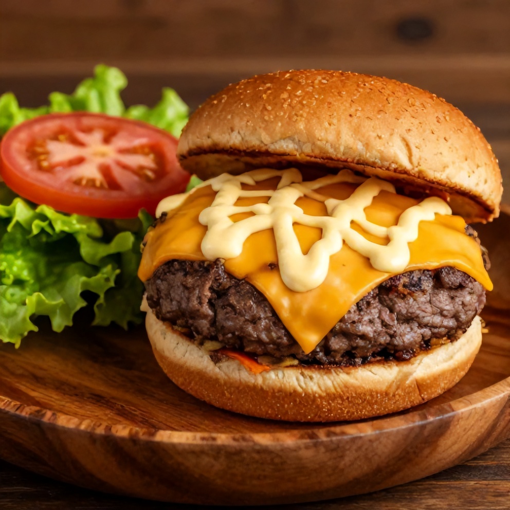 Plated cheddar jalapeño burger with lettuce, tomato, and a drizzle of aioli on a rustic wooden plate